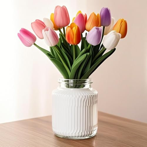 HYEPNED 18 Tulip Artificial Flowers Fake Flowers True Touch Fake Tulips Mother's Day Wedding/DIY Crafts/Home/Birthday Party/Office/Hotel Decoration (No Vase)