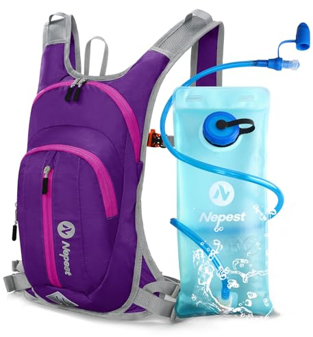 Nepest Zaino da 8 l, zaino da bicicletta e da sci con bolla da 2 l, ideale per mountain bike, corsa e sci, petto e cintura regolabili con fischietto di sicurezza, viola., Universale