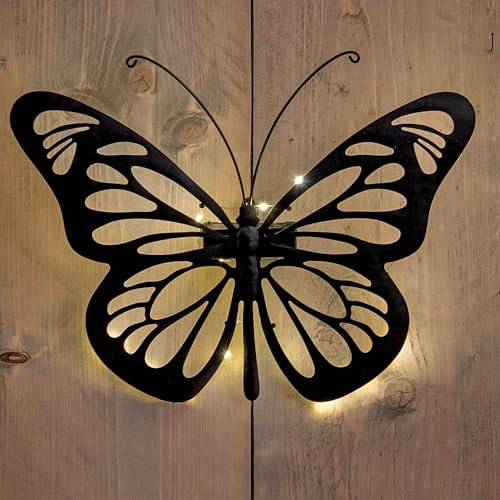Tableau mural solaire en forme de papillon noir avec 31 LED - 34 x 25 cm - Décoration murale en métal pour l'extérieur - Éclairage blanc chaud - Éclairage mural de jardin - Lampe décorative - Lumière