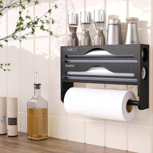 Cling Film and Foil Dispenser and Cutter Wall Mounted Cling Film Wrap Dispenser Organizer with Roll Holder and Labels, Kitchen Organizer & Holder Compatible with 12'' Roll