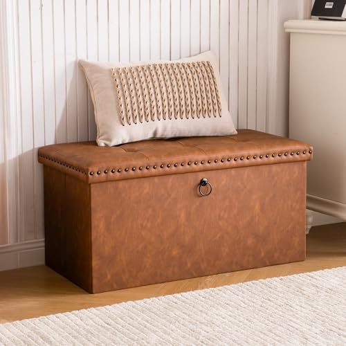oakvivo 30 Inches Folding Storage Ottoman Bench, PU Leather Tufted End of Bed Bench, Foot Rest with Rivet Design, Ottoman with Storage, Load 330 lb, for Living Room, Bedroom, Entryway, Brown
