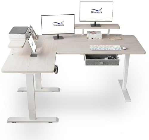 Bluenara Escritorio eléctrico de altura regulable con pantalla LED y soporte para monitor, escritorio de pie en forma de L de 160 cm – Mesa de madera de roble ajustable en altura