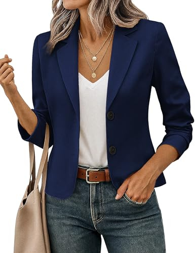 FOLUNSI Women's Business Casual Cropped Blazer Lapel Collar Long Sleeve Work Office Suit Jacket with Fully Lined Navy Blue, Small