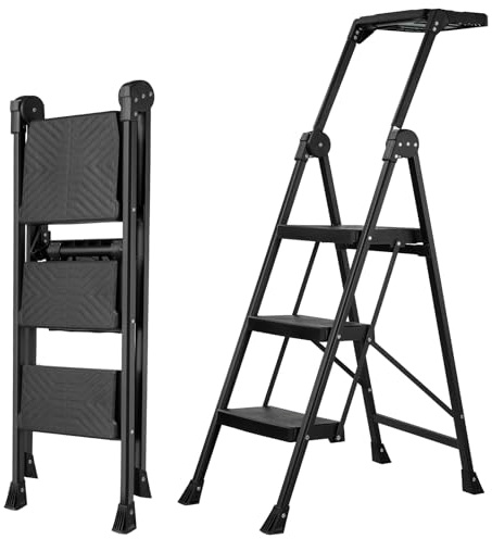 XinSunho 3-stegsstege, säkerhetsståstege, 3 steg, vikbar stegstege med hylla, brett stativ och ledstång, hushållsstege upp till 300 kg, stål