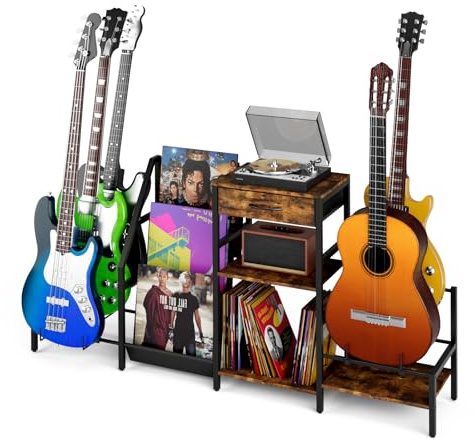 Rebonique Record Player Stand with Guitar Stand for Multiple Guitars, 3 Tier Vinyl Record Storage , Guitar Rack with Amp Stand , Vinyl Record Holder for Bass, Acoustic, Electric, Music Studio
