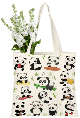 Panda Bedruckt Handtasche Damen, Aesthetic Stoffbeutel mit Langen Henkeln, Wiederverwendbare Einkaufstasche & Modischer Jutebeutel Bedruckt, Praktisch Geschenk für Frauen, Freund & Mitschüler