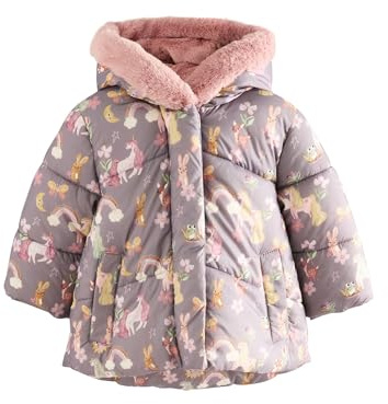 NEXT Niñas Abrigo acolchado con bordes de piel sintética impermeable Damson Unicorn 4 Años-5 Años