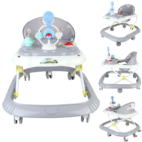 Babywalker Lauflernhilfe mit 5 einstellbaren Höhen, Lauflernhilfe für Babys, faltbar, mit abnehmbarem musikalischen Aktivitätstablett, von 6 bis 18 Monaten, bis 12 kg (67 x 72 x 92 cm, grau)