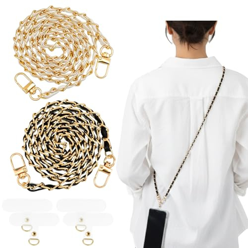 Bruislard 2 Pack Phone Chain Crossbody with 4 Lanyard Patches, Metal Cell Phone Chain Thin Crossbody Strap for Universal Most Smartphones (Black Gold/White Gold)