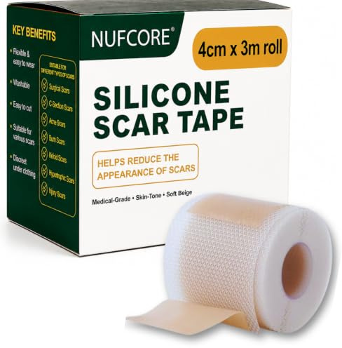 NUFCORE Medical Grade Silicone Scar Tape – Extra-Long 4cm x 3m Roll | Hypoallergenic Scar Sheet for C-Section, Surgical, Keloid & Tummy Tuck Scars | Waterproof, Reusable, Cut-to-Size (4cm x 3m roll)