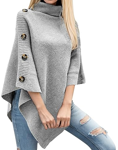 Générique Enfärgad stickad tröja med polokrage för kvinnor, poncho cardigan kappa