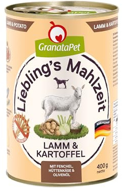 GranataPet Hundmat, älsklingens måltid lamm och potatis, 6 x 400 g, våtfoder för hundar, utan spannmål och sockertillsatser, helfoder med hög andel kött och högkvalitativa oljor