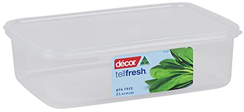Décor 2L Tellfresh Airtight and stackable modular Oblong Food storage container. Graduated measure feature, BPA Free. Dishwasher, Microwave and freezer safe