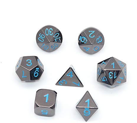 DollaTek 7PCS Juego de Dados D&D de Metal sólido Juego con Bolsa de Almacenamiento y aleación de Zinc con Esmalte para Juegos de rol Mazmorras y Dragones(Pintura para Hornear de níquel Negro Azul)