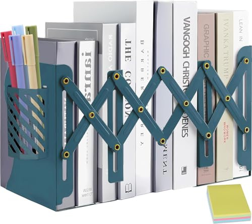 DARUITE Buchstütze, Buchstützen Metall mit Abnehmbaren Stifthalter, Blau | Verstellbare, Bücherhalter für Zuhause, Klassenzimmer, Schule, Bibliothek, Ideal für Ordner, Zeitschriften, Schüler, Lehrer