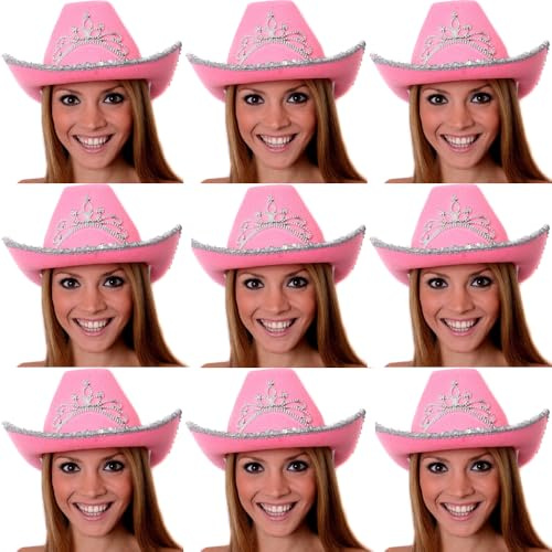 9 x rosafarbene Kuh-Mädchen-Hut mit Tiara, Kostüm, Junggesellinnenabschied, rosa Cowboyhut