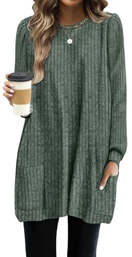 OFEEFAN Women Long Sleeve Shirt with Pockets Tunic Tops to Wear Leggings Lightweigh Green L