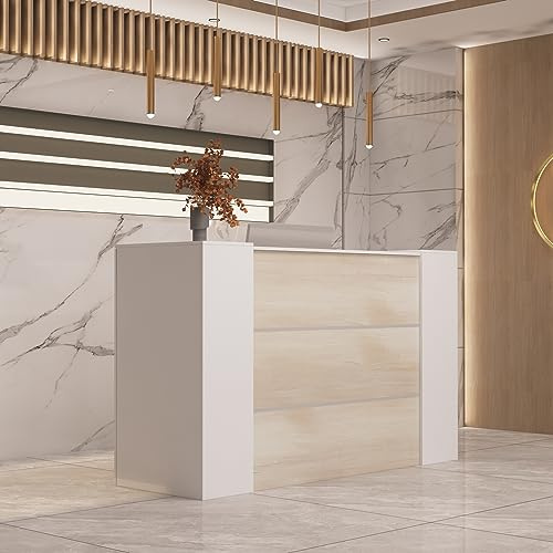 comptoir réception, grands comptoirs de réception, comptoir de réception secrétariat avec étagères réglables, réception, meubles de bureau, couleur bois et blanc, 180X60X110cm, MDF, moderne et élégant