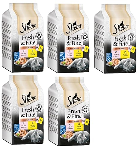 SHEBA Portionsbeutel Multipack Fresh & Fine in Sauce - Katzenfutter, Nassfutter (5x6x 50g, Lachs & Huhn)