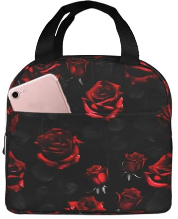 Lonchera térmica con estampado de rosas rojas y negras para hombres y mujeres, picnic, trabajo, viajes