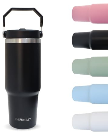 CherryKelly 30oz (850ml) Travel Mug with Handle, Travel Tumbler with Straw Lid, Stainless Steel Vacuum Insulated Coffee Cup, Double Wall Travel Flask Car Mug, Leak Proof Water Bottle - Black