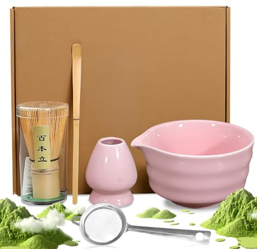 5-delad Matcha te-set: Rosa matcha set av keramik, matcha visp-set, matcha skål, japansk teset, visphållare, sil, japanska tillbehör för matcha-ceremoni