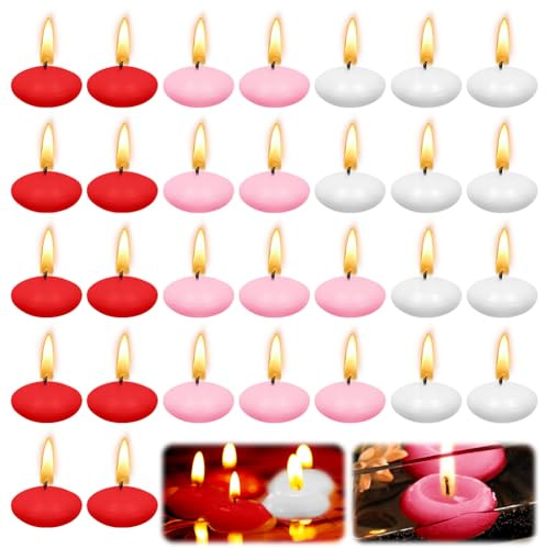 Lot de 30 bougies flottantes multicolores - Longue durée de combustion - Pour mariage, piscine, fête, spa, baignoire, Saint-Valentin (rouge, blanc + rose)