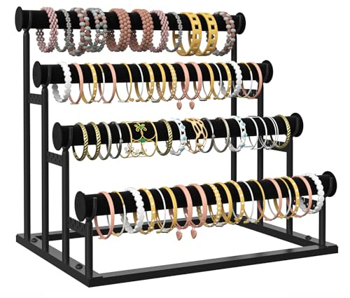 THYGIFTREE Armbandhalter mit 4 Ebenen, Samt Wrap Abnehmbarer Armbandständer Armband Halterung, T-Form Metall Schmuckständer, Schmuck Organizer für Armbänder Uhren (Schwarz)