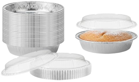 Round Foil Pans with Clear Dome Lids (Bulk Pack of 50) – Heavy Duty Disposable Aluminium Round Baking Tins for Cakes, Pies, Meal Prep, Catering, Takeaway, Food Storage | Freezer & Oven Safe (9 Inch)