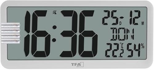 TFA Dostmann XL Wanduhr digital mit Raumklima, 60.4525, mit Temperatur und Luftfeuchtigkeit, gut ablesbar, perfekt für Büro, Flur, Wohnzimmer, Brillenträger, Kalenderfunktion (Weiß mit Batterien)