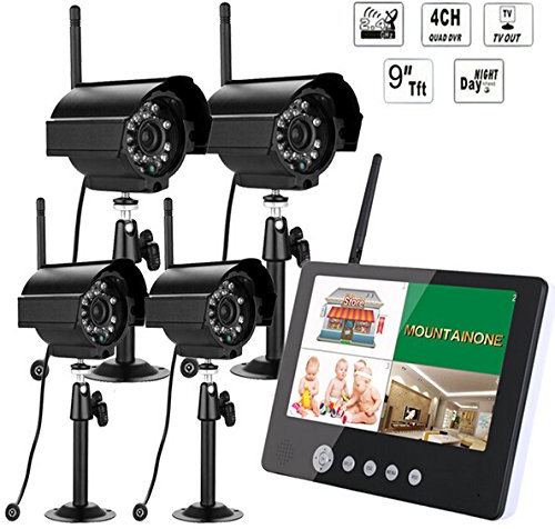 BW® Wireless 4 CCTV Camera Kit Home Security DVR System, 9 inch Digital 2.4G Wireless Cameras Audio Video Baby Monitors 4CH Quad DVR Security System With IR Night Light Cameras