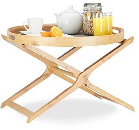 Relaxdays Beistelltisch Bambus, Klapptisch rund, Tischplatte & abnehmbares Serviertablett, HBT: 45x60x60cm, natur/grau