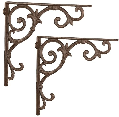 Moritz Regalträger Gusseisen 24 x 25 cm braun – Wandwinkel Paar antik | Konsole im Landhausstil für Bücher, Bilder, Pflanzen und Deko, Bohrlöcher vorhanden