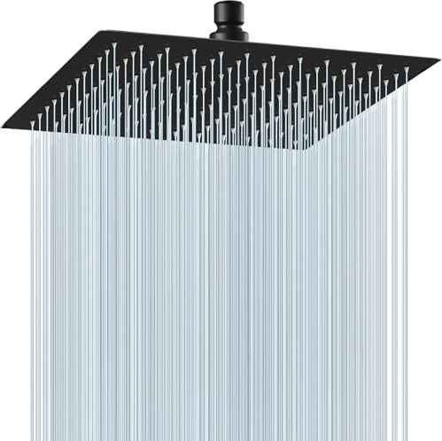 Midanya Rain Shower Head, Stainless Steel Large Rainfall Shower Head High Pressure, Bathroom Waterfall Square Showerhead, Ceiling or Wall Mount, Matte Black 12 Inch