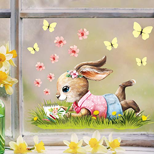 Wandtattoo Loft Fensterbilder Frühling mit Hasen Motiv – A4 Bogen, Wiederverwendbar – Frühlingsdeko Fenster, Frühlingsbild Fenster, Fensterdeko Frühling, Fensterfolie Frühling Selbstklebend