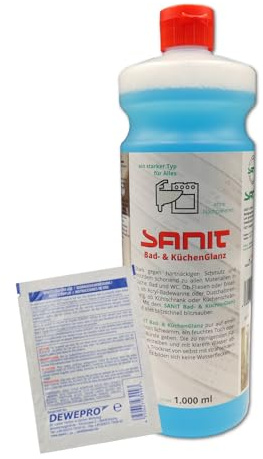 DEWEPRO-Set: SANIT Bad- und KüchenGlanz (3041) - Flasche à 1000ml - der perfekte Reiniger für alle Oberflächen in Küche, Bad und WC, inkl. 1 St. DEWEPRO® Single Scrubs