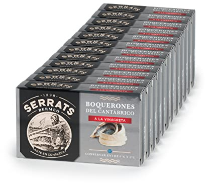 CONSERVAS SERRATS - Boquerones del Cantábrico a la Vinagreta Artesanal Tradicional - 12 Latas x 100g (Total: 1200g) - Macerados en Vinagre - Limpieza Manual - Sin Espinas – Gourmet