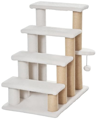 PawHut Scala per gatti a 4 livelli con colonne tiragraffi, scala per cani, scala per gatti, fino a 5 kg, in iuta di peluche, colore bianco, 60 x 40 x 64 cm