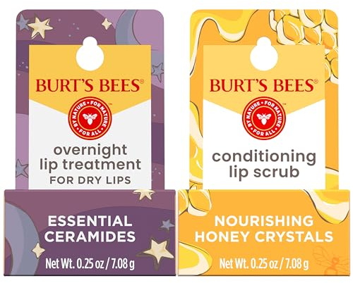 Burt’s Bees Conditioning Lip Scrub and Overnight Intensive Lip Treatment, With Ceramides, College Back to School Dorm Essentials, Exfoliates and Hydrates Lips 8 Hours, Natural Origin, 2 Jars, 0.25 oz