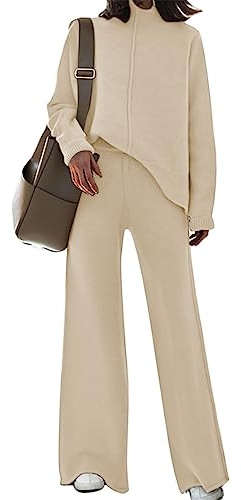 Viottiset, set coordinato da donna, composto da pullover con colletto a coste e pantaloni in maglia, due pezzi, albicocca, L