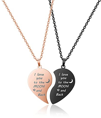 PiercingJak 2PCS Paar Halskette Herz Puzzle Yin Yang Kette Edelstahl Liebe Partnerketten Freundschaftskette Herz Anhänger mit 24 Kette, Motiv Ich Liebe Dich bis zum Mond und zurück