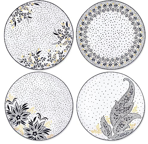 Portmeirion Sara Miller London Artisanne Noir Lot de 4 assiettes plates (26,8 cm) - Assiettes en porcelaine avec détails dorés - Vaisselle à motifs noirs et blancs