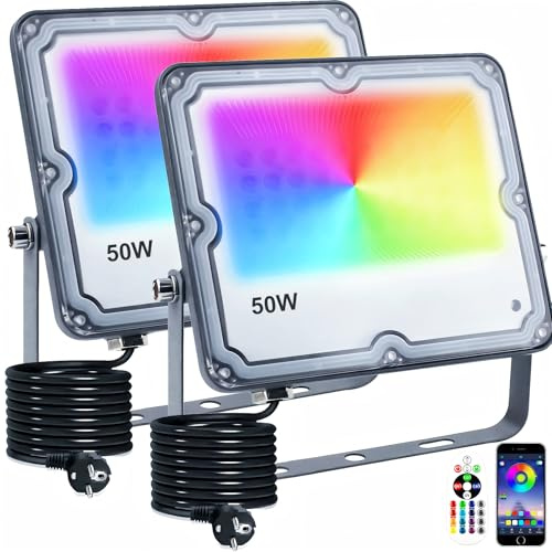 Indmird 2 Stück RGB Strahler 50W, RGB LED Strahler Außen mit Bluetooth APP | IP66 Wasserdich Rgb Flutlicht Smart RGBW Farbwechsel Dimmbar Flutlichtstrahler Stimmungslicht für Garten Party Bühnen
