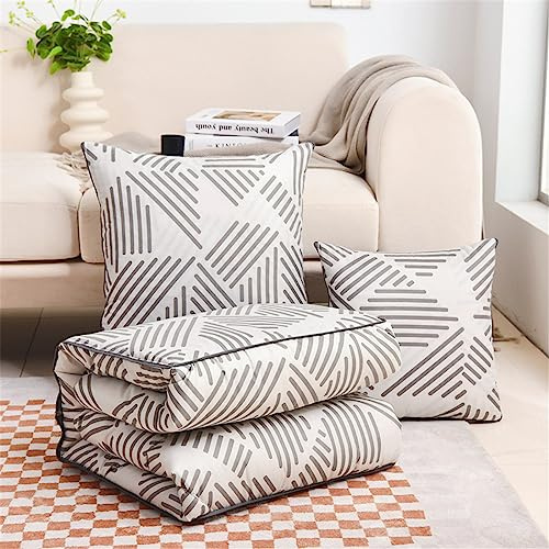 Surwin Couverture et Oreiller de Voyage 2 en 1, Couvre-lit d'été Convertible en Coussin, Courtepointe Léger Adapté au Sommeil en Voiture, au Bureau et en Avion (Bande,150x200cm)