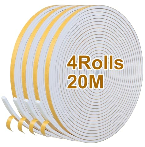 Inwee Adhesive Weather Stripping Foam 6mm x 3mm, Soundproofing Insulation Tape, Window Door Draft Excluder, 4 Rolls Total 20M Long