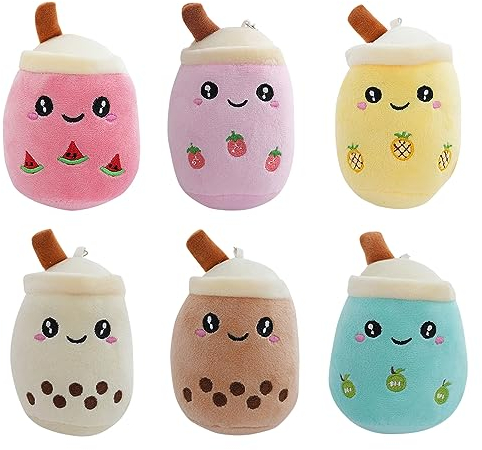 IXYHKB 6 Stück Kleine Gefüllte Tiere Boba Plushies Tier Spielzeug mit Schlüsselanhänger, Kleine Bubble Tea Kuscheltier Bunte Plüsch Kuscheltier Bubble Tea Plüschtier Für Kinder Mädchen Erwachsene