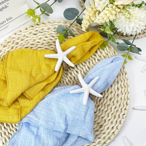 WINGFISH Starfish Napkin Rings Set of 12 White Sea Star Napkin Rings Bulk for Coastal Beach Dinning Table Decoration, Cute Napkin Ring Holders for Party Gathering Banquet Wedding Birthday