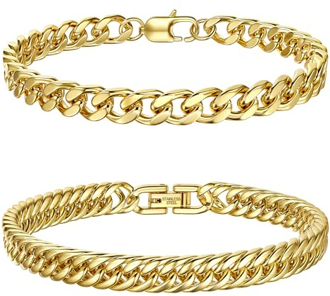 Dochais 2pcs Bracciale Uomo Acciaio, Bracciale Uomo Oro Argenteo, Bracciali Uomo Lunghezza 23 cm, Braccialetto Uomo Larghezza 7,5/8 mm, Braccialetti Uomo, Bracciale Tennis Uomo (oro)