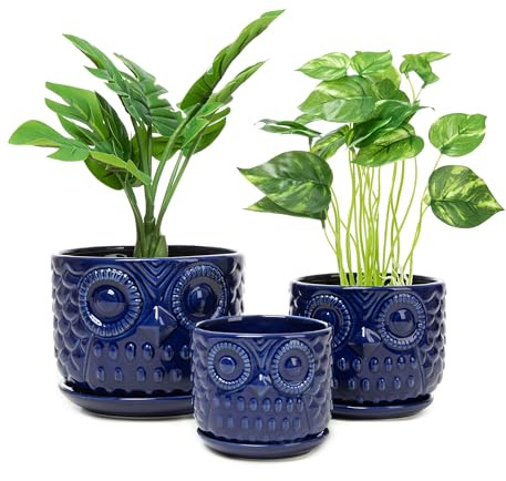 Nattol Lot de 3 Pots de Fleurs en céramique avec Trou de Drainage et Soucoupe, Pots de Fleurs d'intérieur Ronds Modernes avec Motif Hibou, Taille S à M, Bleu Marine