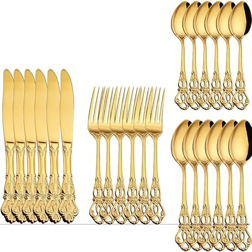 Tableware Goldbesteck-Set, Besteck-Set, 18/10 Edelstahl, Besteck-Set im antiken Stil, hochglanzpoliert, für 6 Personen, Tafelservice (Gold)